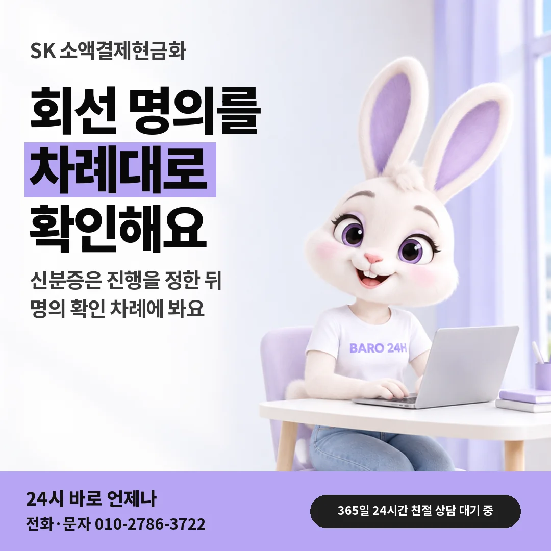휴대폰을 보며 웃는 BARO 24H 티셔츠를 입은 3D 토끼 캐릭터 옆에 「SK 명의와 본인 확인」 제목을 얹은 안내 카드